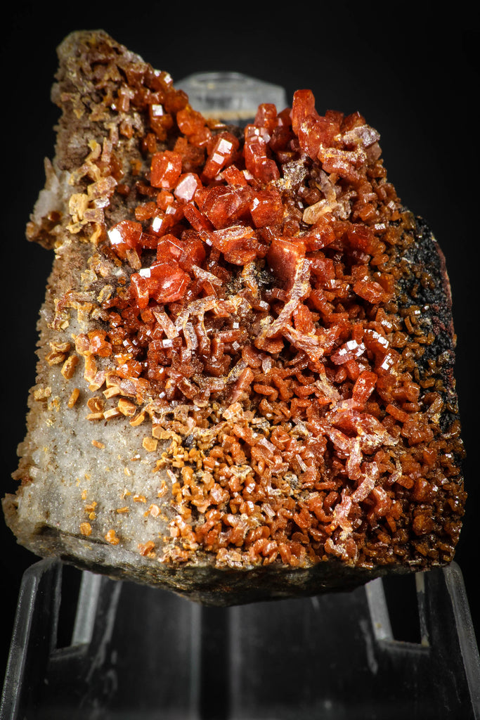 88131 -  Beautiful Red Vanadinite Crystals on Natural Manganese-Iron Oxide Matrix from Morocco